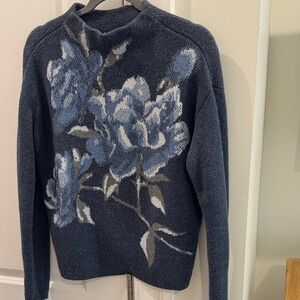 White House Black Market Navy Blue Floral Crewneck Sweater